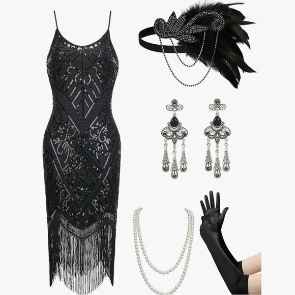 Long fringe sequin burlesque cabaret dress flapper 1940’s dance club cocktail